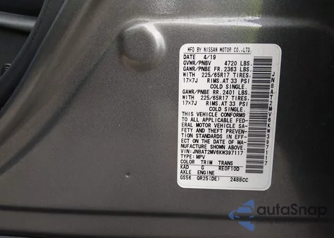 2019 Nissan Rogue Sv z USA, uszkodzony, nr VIN JN8AT2MV6KW397117